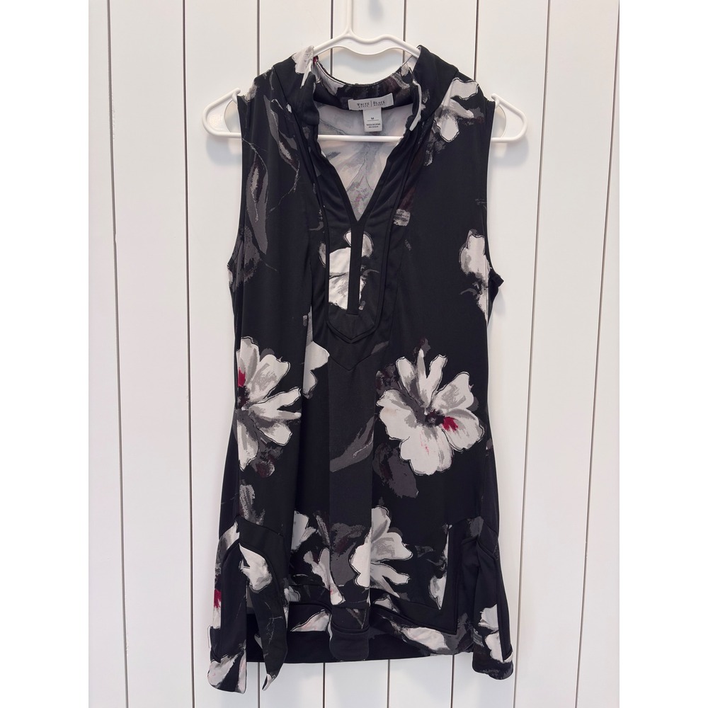 White House Black Market Tunic Top Womens M Black Floral Split Neck Dark Floral